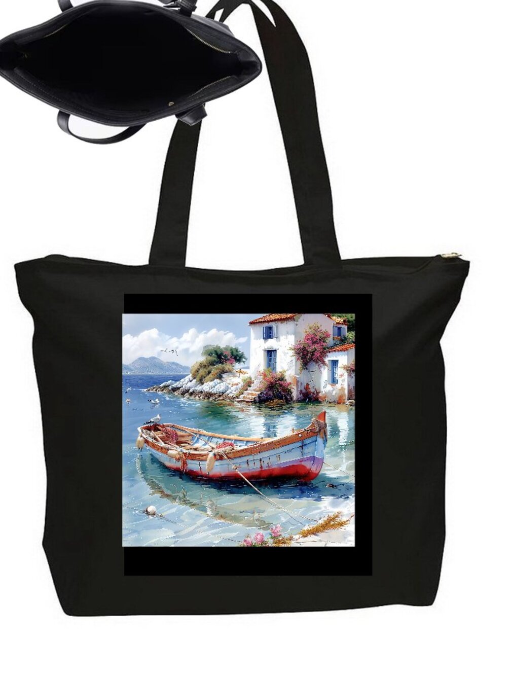 Mediterranean Ocean Greece Santorini LArge Tote Bag Satchel Floral Art Boat